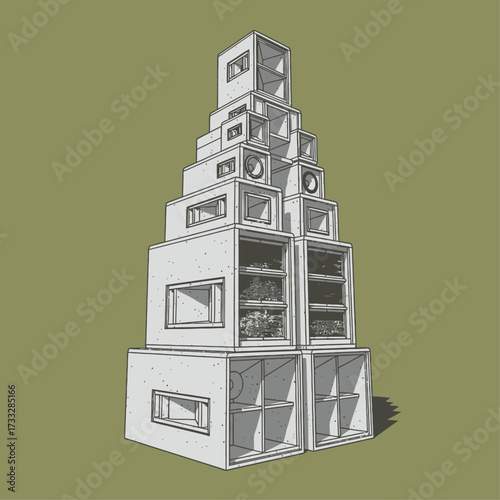 An illustration of a stacked sound system, composed of various sized speakers and boxes, arranged in a pyramid shape.