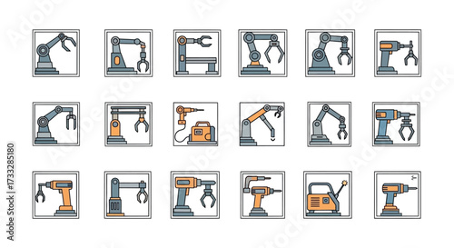 Hand Drawn Industrial Robotic Arm and Automation Tool Icons Set.