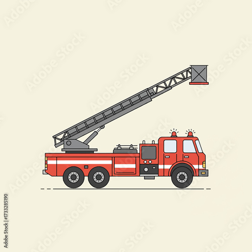 Illustration of a Red Fire Truck with Extended Ladder on Beige Background.