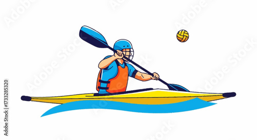 Dynamic kayaker paddles energetically through blue waves, chasing a yellow ball in a thrilling water sport adventure.