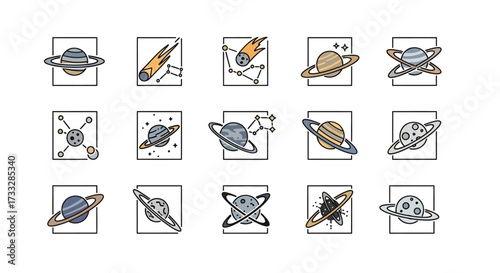 Hand drawn space and astronomy icon collection set.