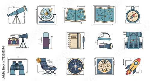 Hand Drawn Stargazing and Adventure Equipment Icon Set.