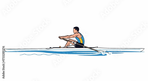 Determined athlete powerfully rows sleek racing shell across calm water, focused on athletic achievement and competitive spirit