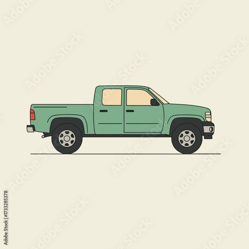 Green four door pickup truck illustration in side view.