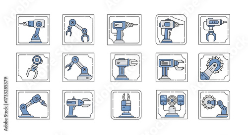 Hand Drawn Style Industrial Robot and Power Tool Icon Set.