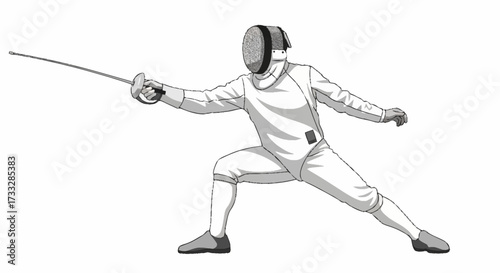 Dynamic fencer in protective gear lunges forward with foil, showcasing athletic focus and competitive spirit in a striking pose.