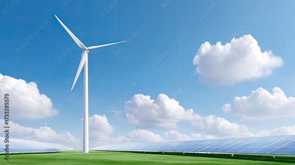 Obraz premium Wind Turbine and Solar Panels Under Clear Blue Sky with White Clouds in Eco-Friendly Landscape