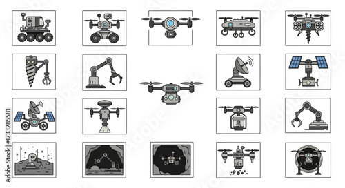 Monochrome Icon Set of Modern Robotics and Drones.