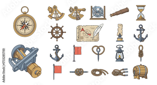 Nautical Themed Icons Collection Featuring Maritime Objects and Symbols.