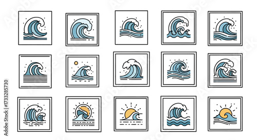 Ocean Waves Line Art Illustrations Set.
