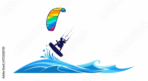 Dynamic kitesurfer catching air over vibrant ocean waves, showcasing extreme water sports and adventurous lifestyle.