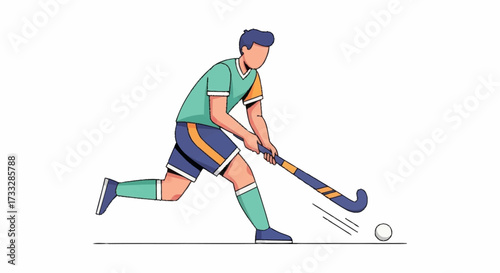 Dynamic hockey player in action, skillfully dribbling ball with stick on field, capturing athletic energy and competitive spirit for sports content