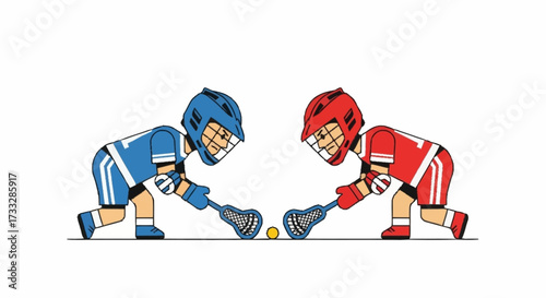 Dynamic lacrosse players poised for action with ball between their sticks, showcasing intense competition and athletic spirit for sports enthusiasts