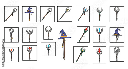 Set of fantasy magic staff and sorcerer hat icons for games.