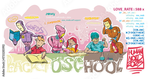 Vector illustration humanoid robot accompany children to learn about poem, doing their homework, and science experiment.