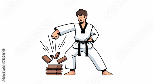 Dynamic martial artist powerfully breaking wooden boards with a fierce punch, showcasing discipline and strength in a striking action pose.