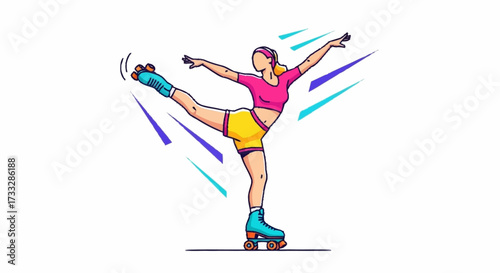 Dynamic woman roller skating with elegant dance pose, vibrant retro style, capturing active movement and joyful recreation.