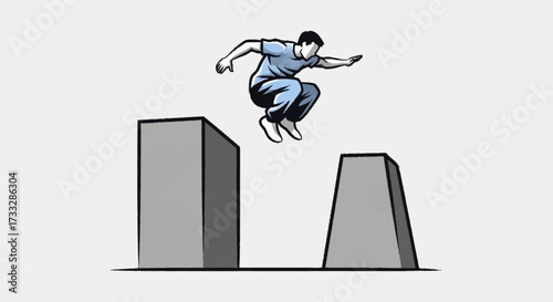 Dynamic athlete leaps between urban obstacles with precision and agility, embodying extreme sports and modern parkour.