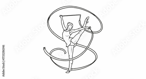 Graceful rhythmic gymnast in dynamic pose captivates with flowing ribbon, embodying elegance and athletic prowess in a stunning performance.