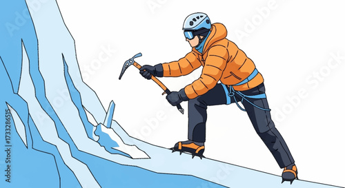 Determined mountaineer ascends icy slope using ice axe and crampons, embodying adventure and extreme sports