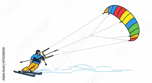 Dynamic kitesurfer carving through snow, propelled by a vibrant, multi-colored kite for extreme winter adventure