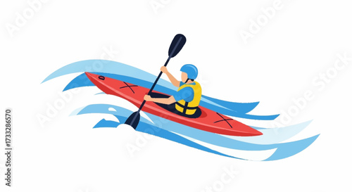 Dynamic kayaker paddles through vibrant blue water creating splashes and motion, capturing the thrill of water sports adventure.