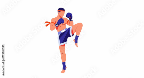 Dynamic Muay Thai fighter executing powerful knee strike, showcasing martial arts discipline and athletic prowess in action stance