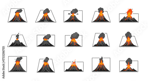 Volcano Eruption Animation Frames Set Isolated on White Background.