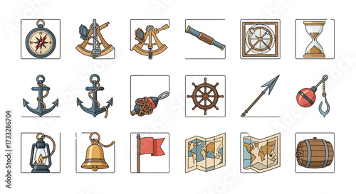 Vintage Hand Drawn Nautical and Maritime Icons Collection.