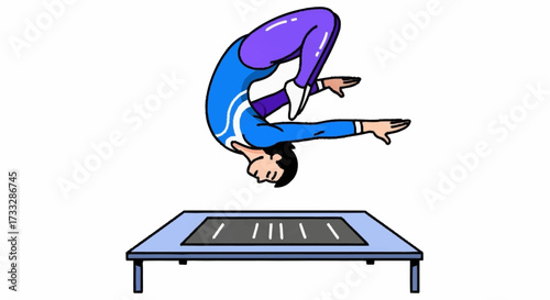 Dynamic gymnast performs acrobatic flip mid-air over a vibrant blue trampoline, showcasing athletic skill and energetic motion
