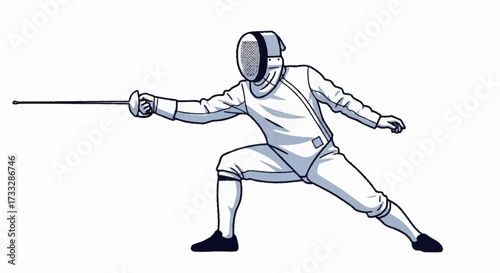 Dynamic fencer in protective gear lunges forward with rapier, showcasing focus and athletic prowess in intense competition.