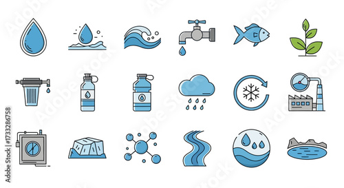 Water conservation icons set environment ecology.
