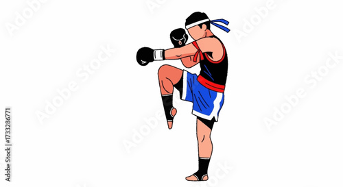 Dynamic Muay Thai fighter performing a powerful knee strike in athletic gear, ready for intense combat training and competition