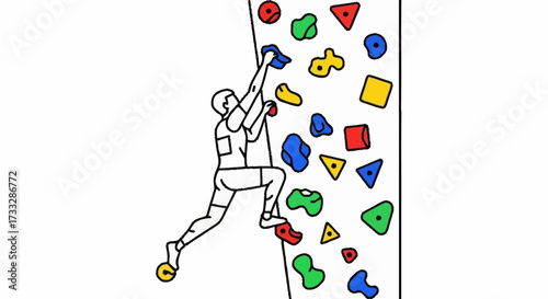 Dynamic climber conquers colorful bouldering wall, reaching new heights with focused determination and athletic prowess