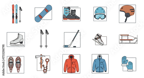 Winter Sports Equipment Collection Icons Set.