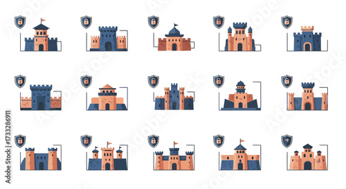 A diverse collection of flat design castle and fortress illustrations.