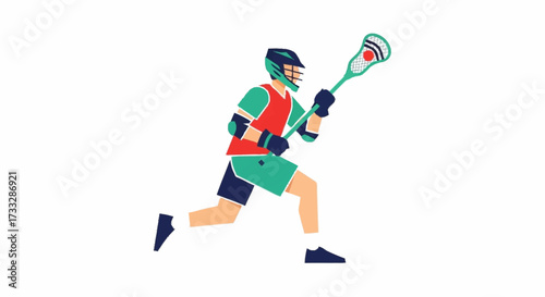 Dynamic lacrosse player in action, wearing protective gear and holding a stick, ready to score during a thrilling game moment.