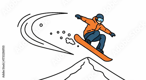 Dynamic snowboarder catches air, performing an epic jump over snowy mountain peak with vibrant motion lines