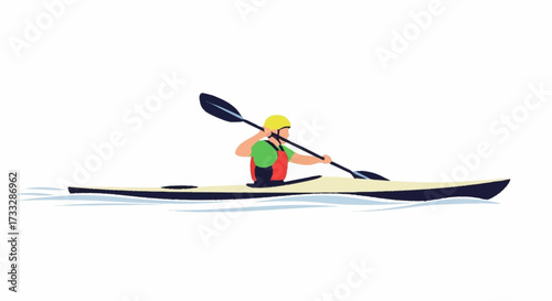 Athlete skillfully paddles kayak across calm water, embracing adventurous outdoor exploration and healthy active lifestyle.