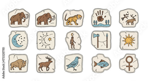 Ancient Cave Paintings Depicting Animals and Symbols.