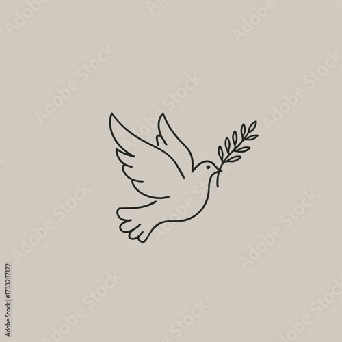 A minimalist line art illustration of a dove carrying an olive branch, symbolizing peace and hope on a neutral background.