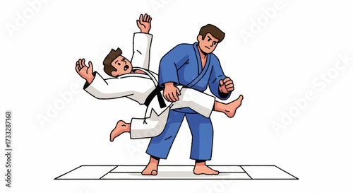 Dynamic judo match features athletes in intense combat, showcasing powerful throws and focused determination on the mat.