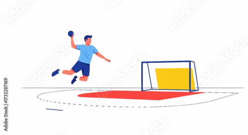 Dynamic handball player leaping mid-air to score a goal on a minimalist court, action and athleticism capture