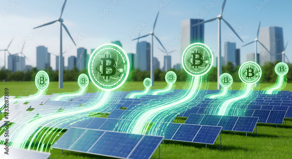 Obraz premium Green Bitcoin Cryptocurrency Powered by Solar and Wind Energy