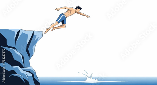 Fearless man leaps from cliff edge into refreshing ocean water embodying courage and adventure
