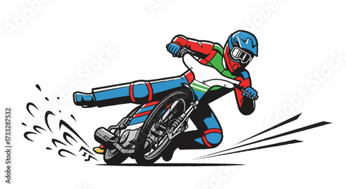 Dynamic speedway racer in full motion, leaning into a sharp turn, conveying thrill and competition with vibrant colors and action lines