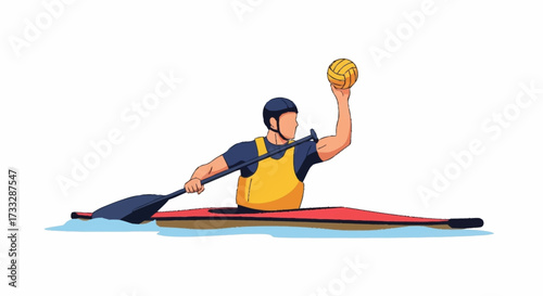 Athlete in kayak celebrates water polo victory with triumphant ball raise on blue water