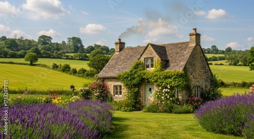 Cotswold cottage with lavender and flower garden in summer