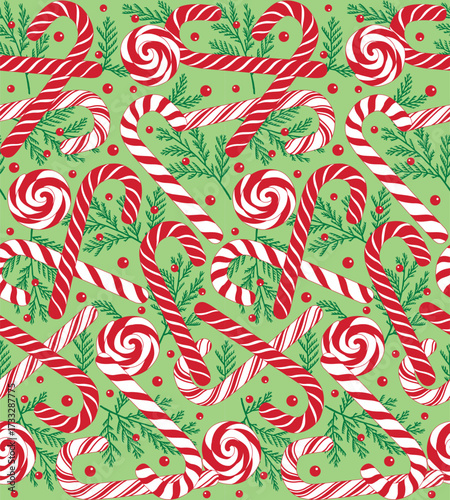 Seamless Christmas Candy Cane With Fir Leaves On Green Background
