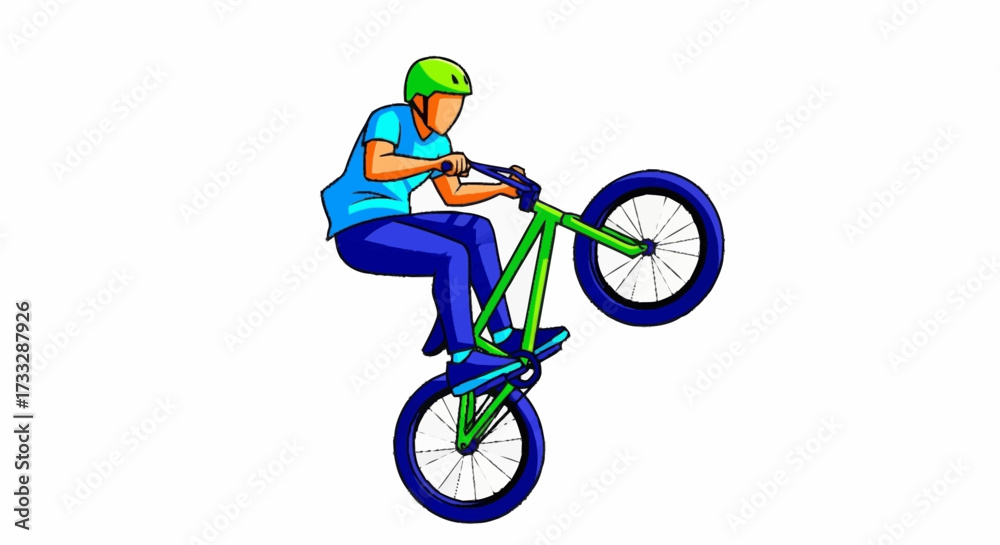 Obraz premium Dynamic cyclist performs thrilling wheelie stunt on vibrant BMX bike, showcasing extreme sports action and athletic skill with energetic motion.
